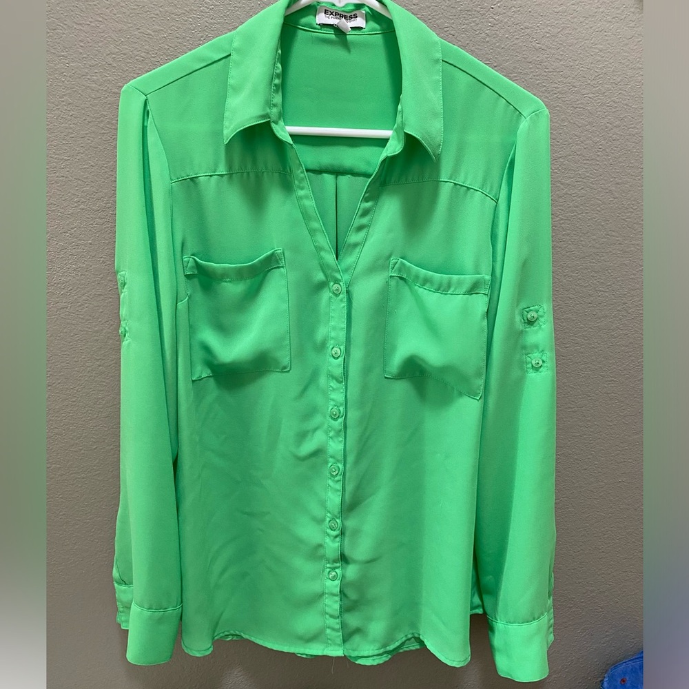 EXPRESS The Portofino Shirt Green Melon in Color Size Large Sheer Material